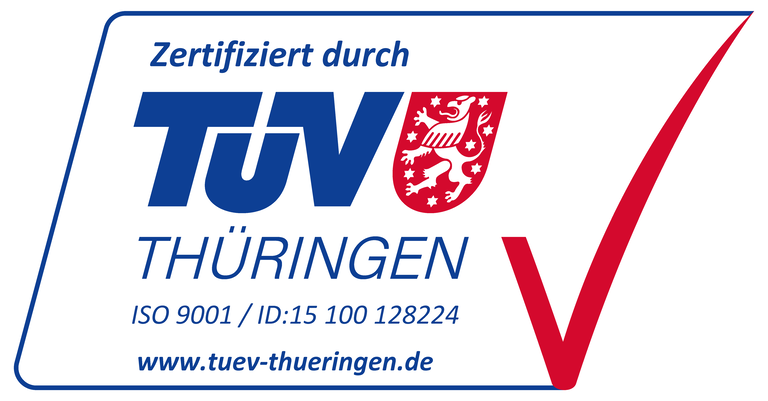 Zertifizierte Quarzglasprodukte - ISO 9001 Logo des TÜV Thüringen